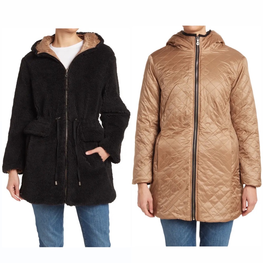 KATE SPADE Reversible Faux Shearling Teddy Plush Quilted Hooded Jacket Black NEW